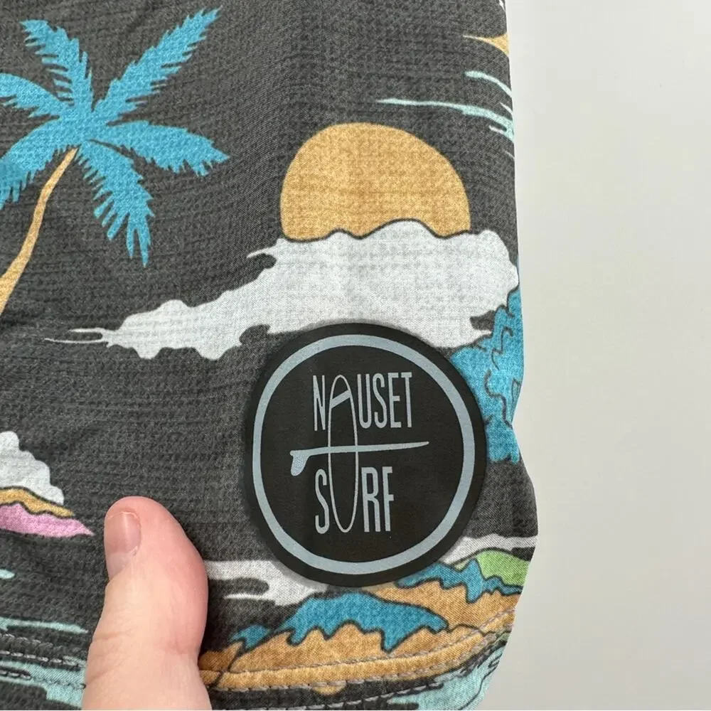 Nauset Surf Gray Multicolor Tropical‎ Floral Palm Tree Print Swim Trunks Sz 27
